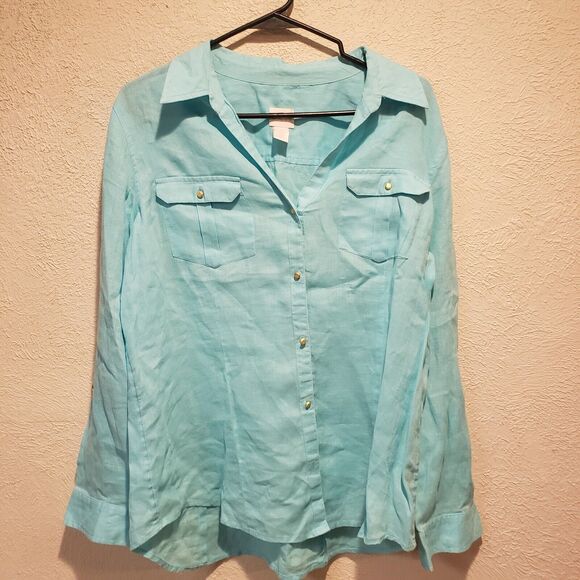 Chicos 1 Long Sleeve Light Aqua Shirt Blouse 100% Linen - Picture 9 of 10